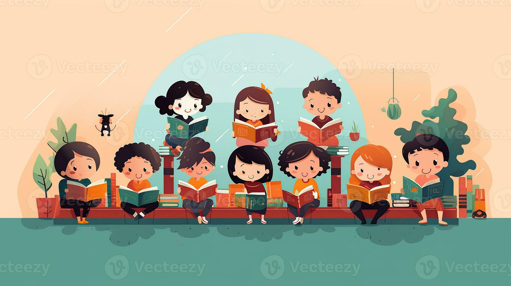 Children reading books in class. Generative AI photo