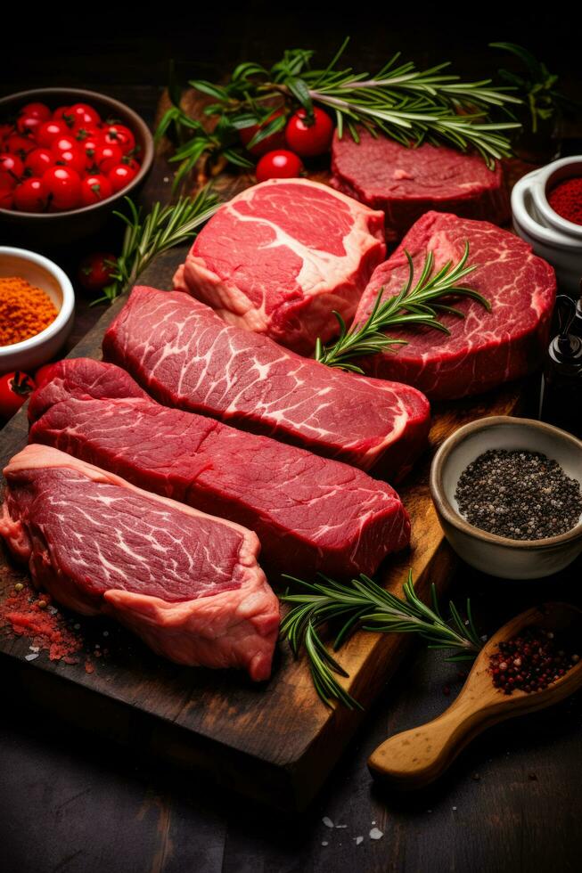 Raw cuts of meat dry aged beef steaks and hamburger patties in a varied assortment photo