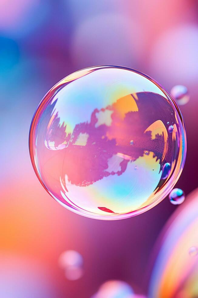 Iridescent soap bubble floats on multicolored background photo