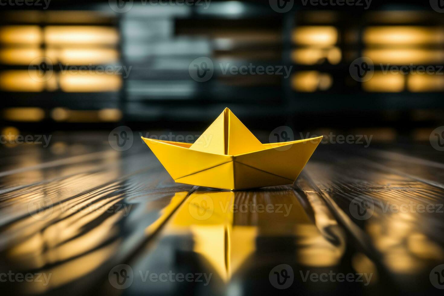 Concept of an entrepreneur leaving mainstream and changing direction represented by a yellow paper boat on a black wooden table photo