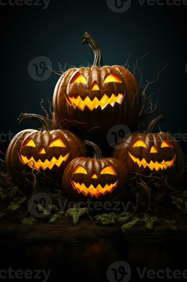 Three lit jack-o-lantern Halloween pumpkin lanterns on dark grass with isolated white background photo