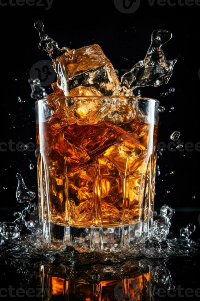 Super slow motion of ice cube falling into whisky filmed at 1000 fps with high-speed cinema camera photo