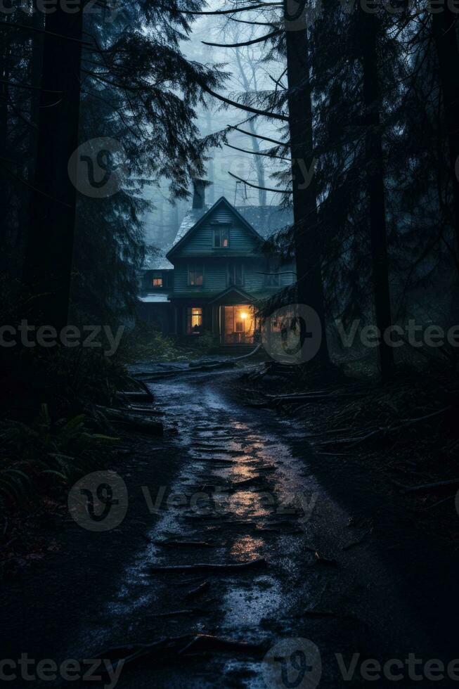 Scary house in mysterious horror forest photo