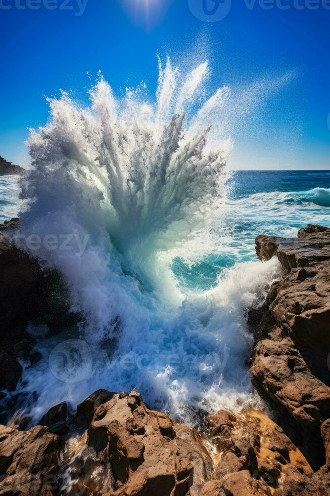 Ocean waves crash against the shore photo