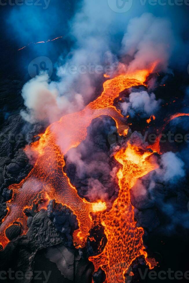 Aerial view of lava spreading from volcano photo