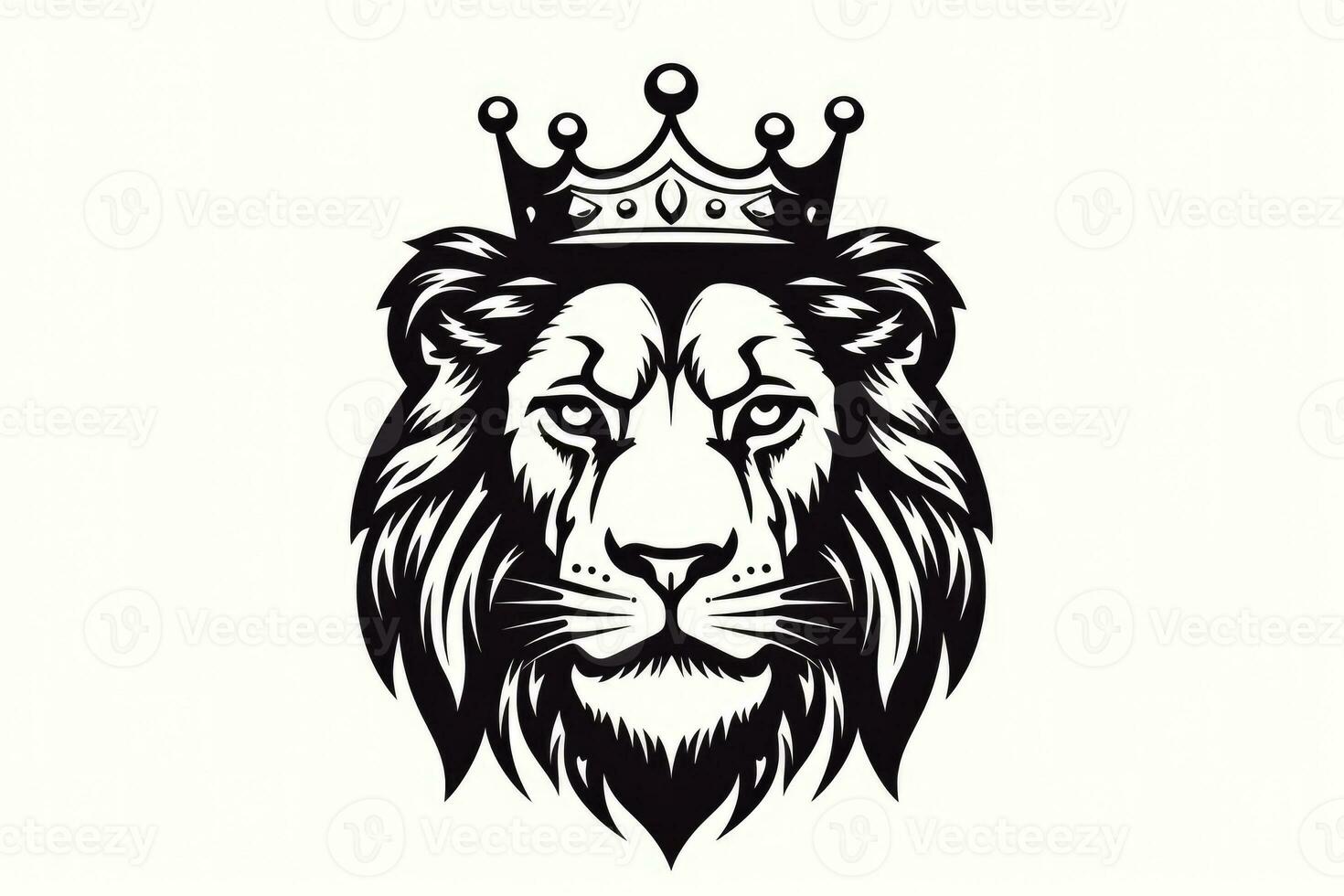 En face portrait of a standing African lion with a big mane in a black and white vector design photo