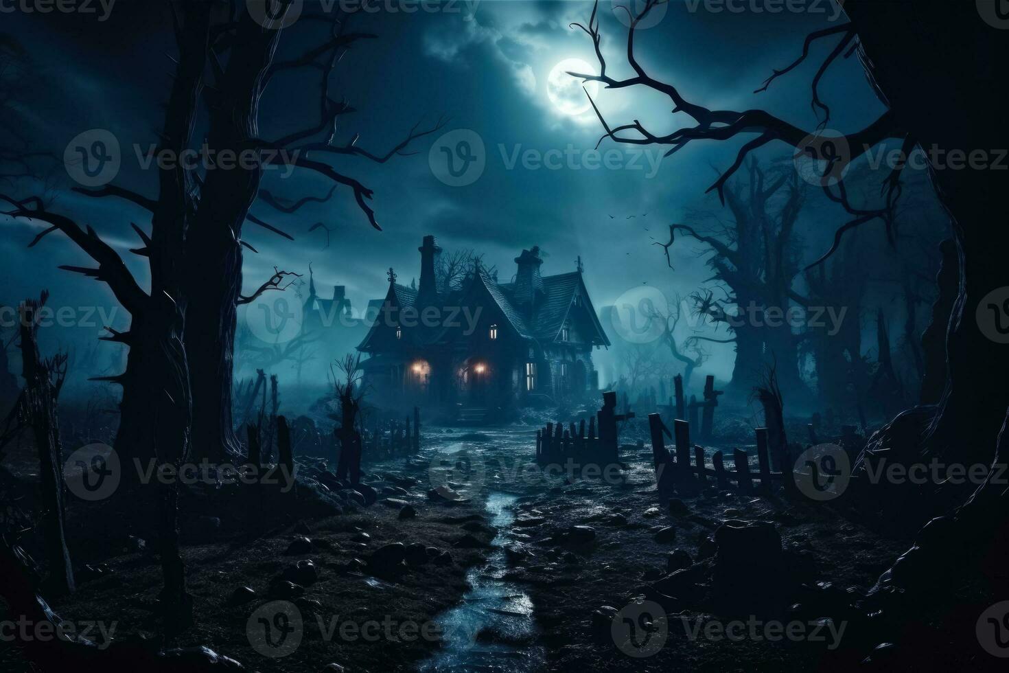 Horror Halloween haunted house located in a creepy night forest photo