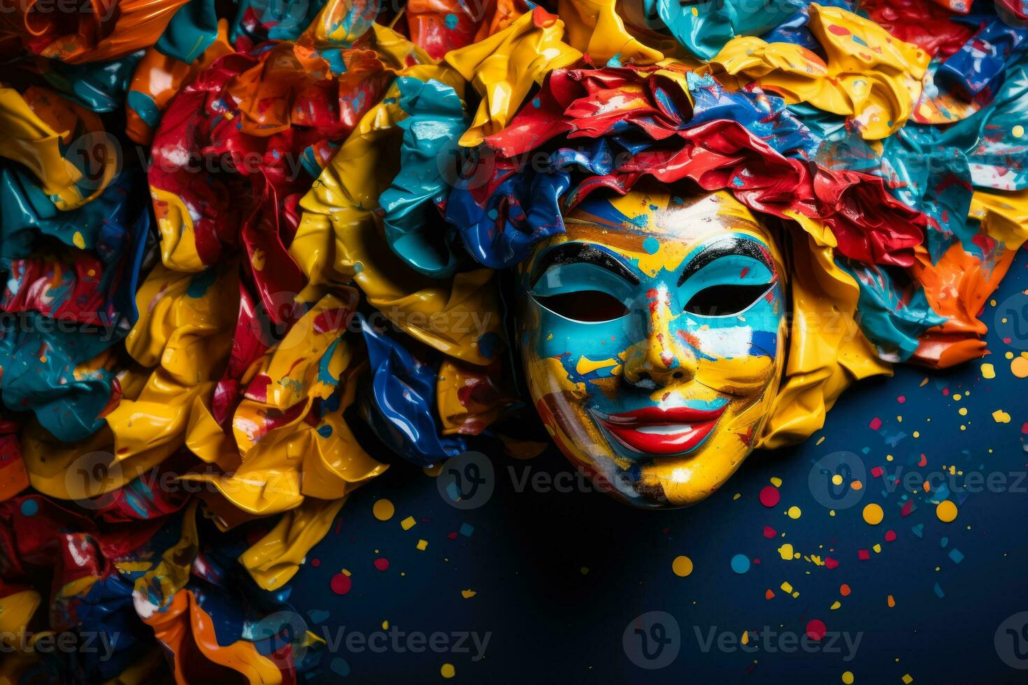 Colorful background for carnival or birthday party with streamers confetti and funny faces photo