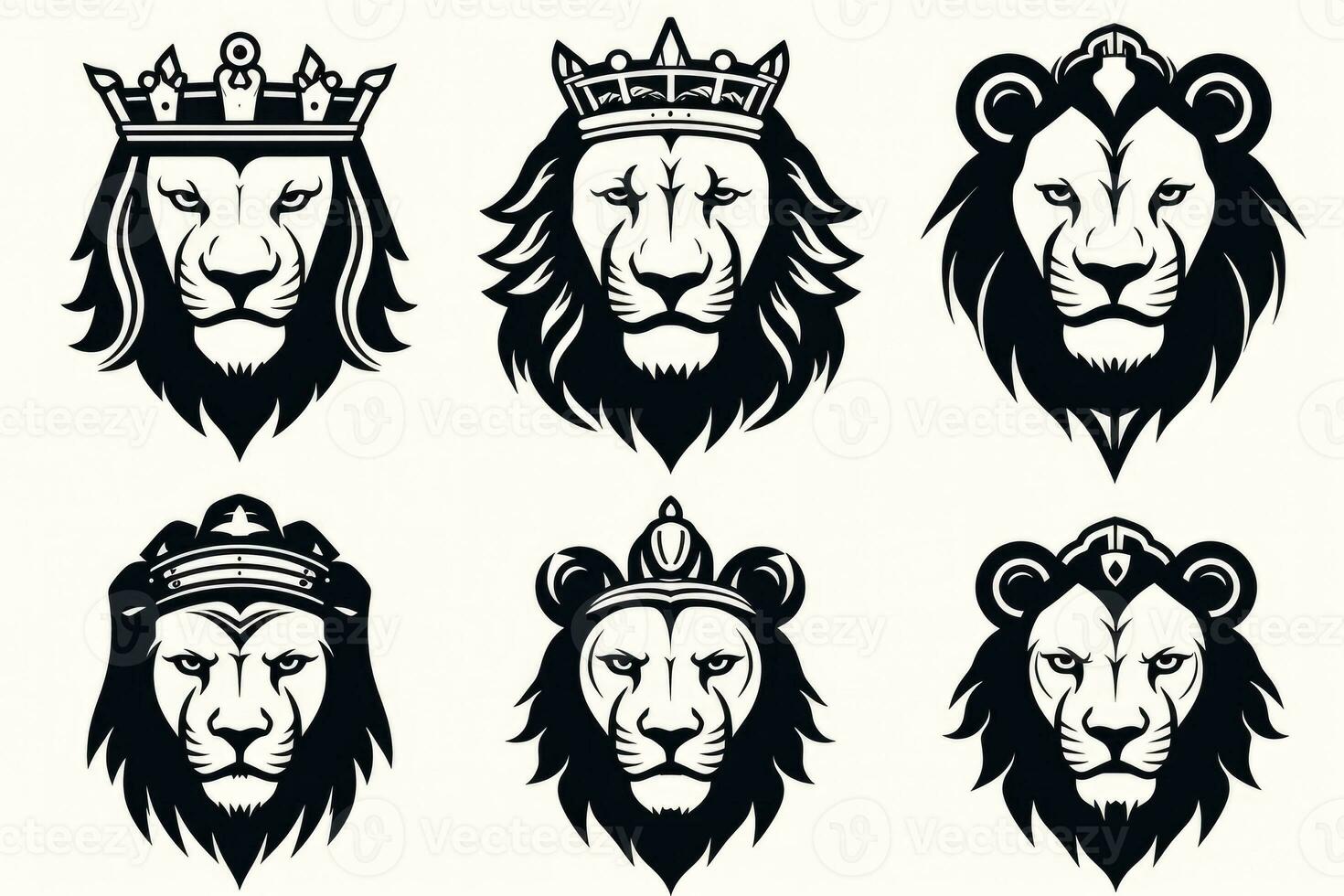 African lioness with crown black and white vector outline queen animal head simple design set photo