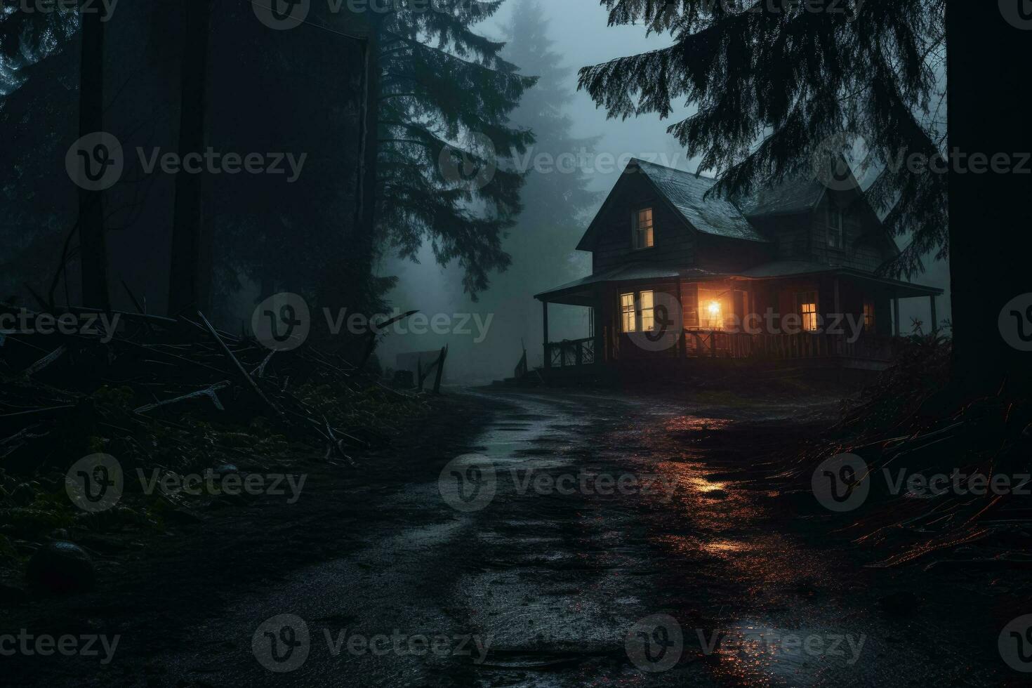 Scary house in mysterious horror forest photo