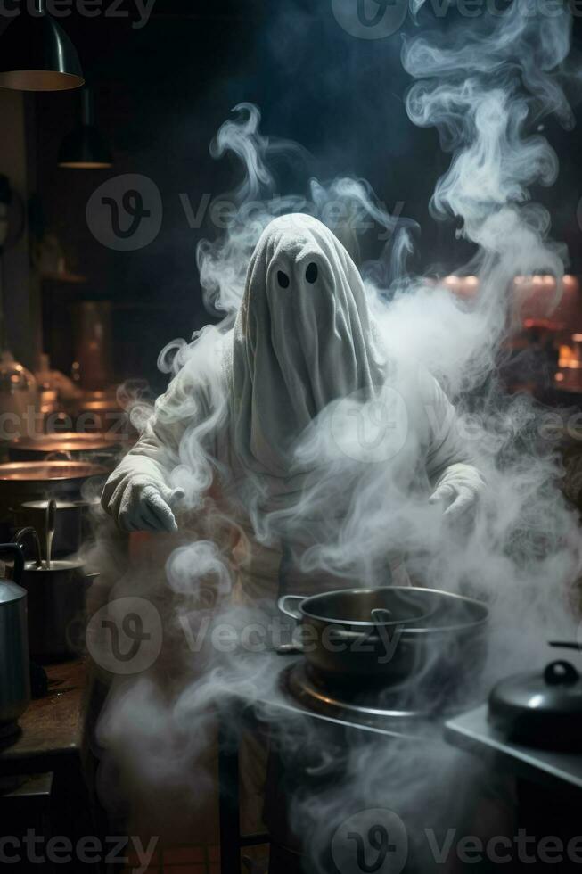 Un spectre effrayant apparait dans une terrifiante photographie de cuisine photo