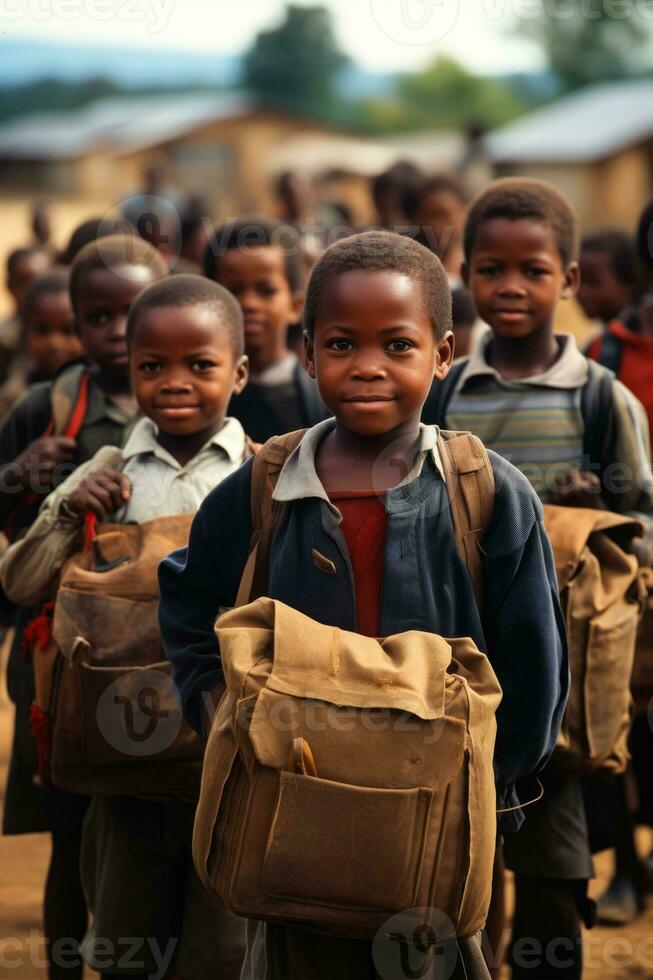 Groupe denfants avec des cartables devant une ecole jour de la rentree scolaire photo