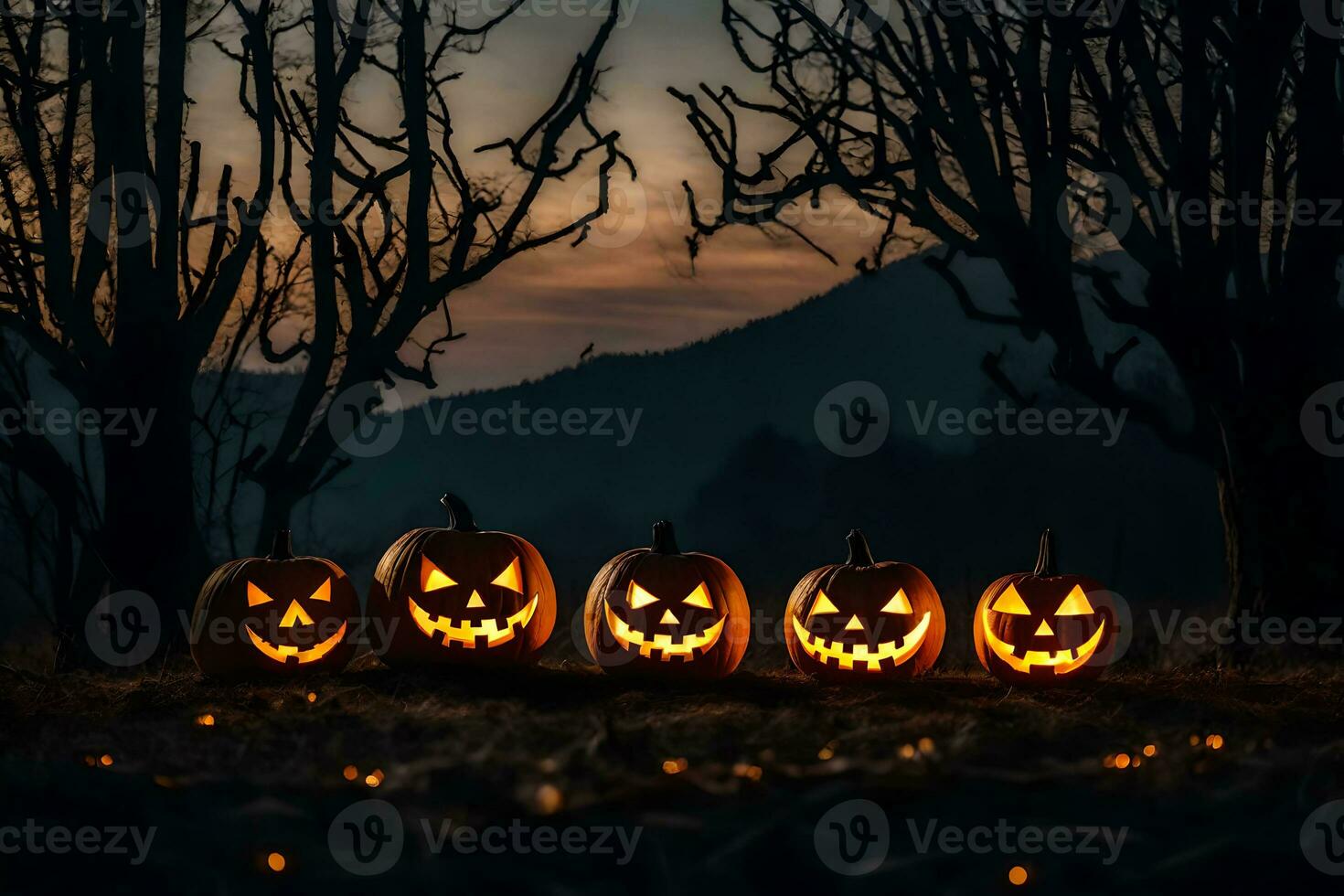 an outdoor halloween night scenery in the neighborhood yard with glowing Jack o lantern lanterns and orange light decoration photo