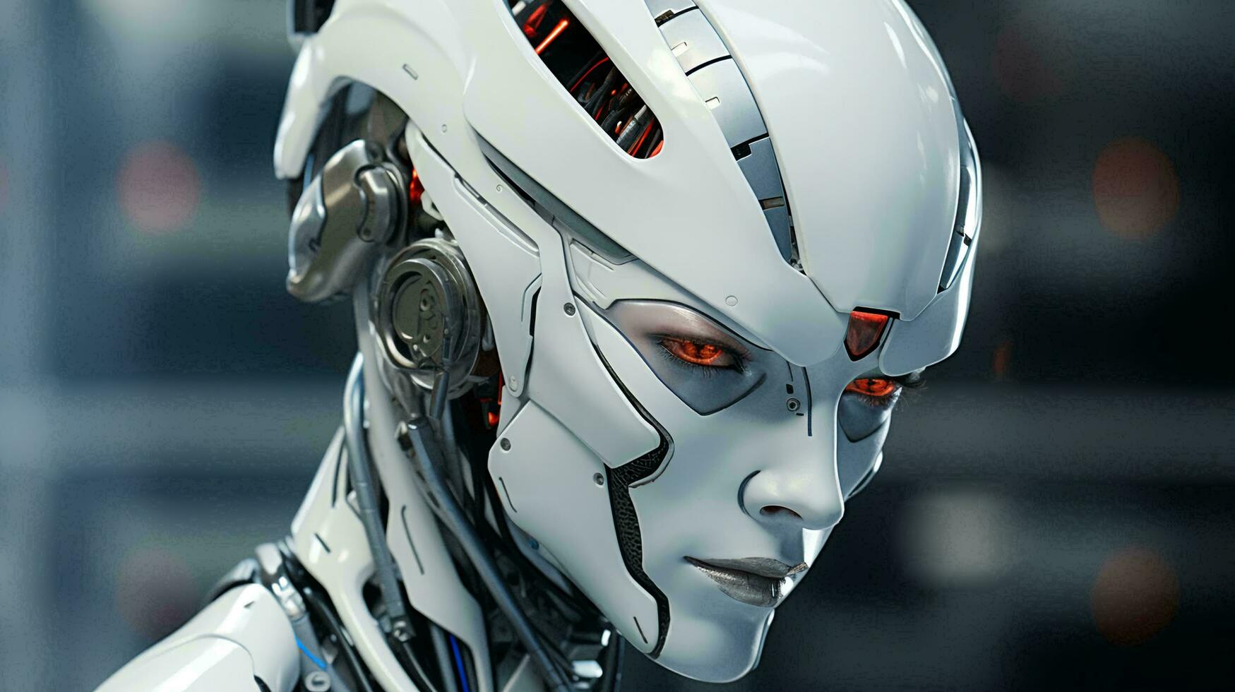 Connection of human woman and artificial intelligence robot. The concept of merging a person and a computer with neural networks in the future. AI generated photo