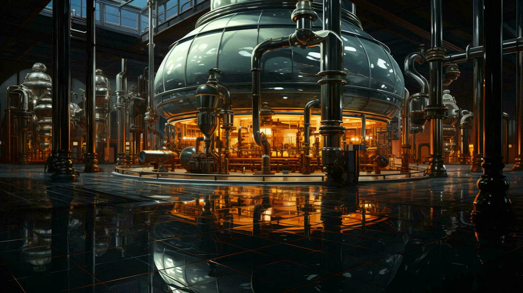 moderno químico industrial equipo, destilación columnas, tanques, calor intercambiadores, oleoductos con válvulas a un petróleo refinería petroquímico planta. ai generado foto