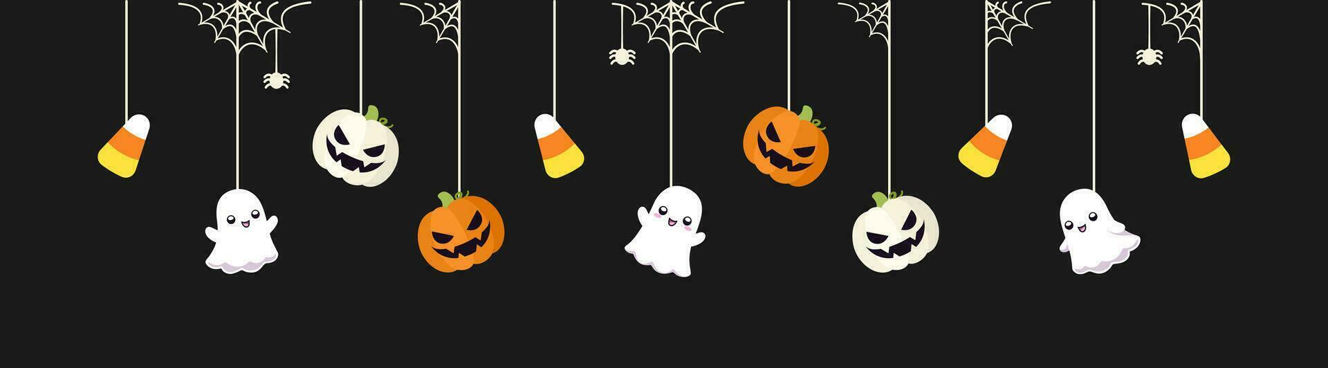 Happy Halloween border banner with ghost, candy corn and jack o lantern pumpkins hanging from spider webs. Spooky Ornaments Decoration Vector illustration, trick or treat party invitation