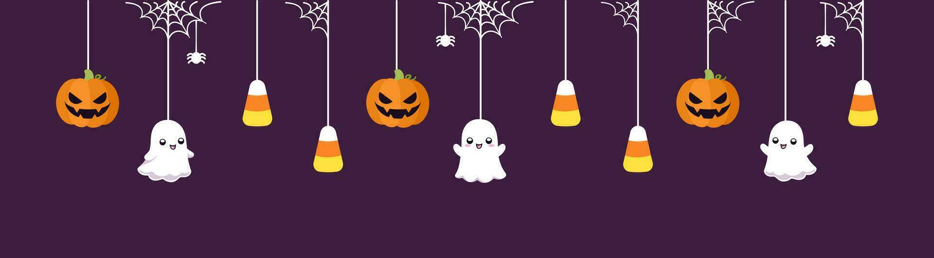 Happy Halloween border banner with ghost, candy corn and jack o lantern pumpkins. Hanging Spooky Ornaments Decoration Vector illustration, trick or treat party invitation