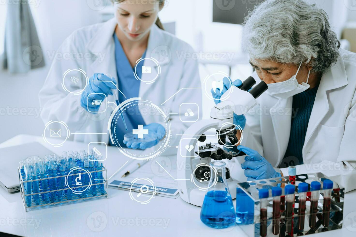 Scientist two woman with tablet and laptop, laboratory and ecofriendly science. Agriculture, research and scientists with online reading, test samples for global warming analytics and tech. photo