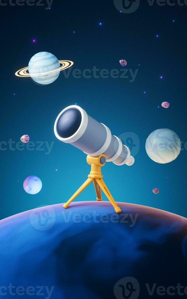 Telescope in outer space with cartoon style, 3d rendering. photo