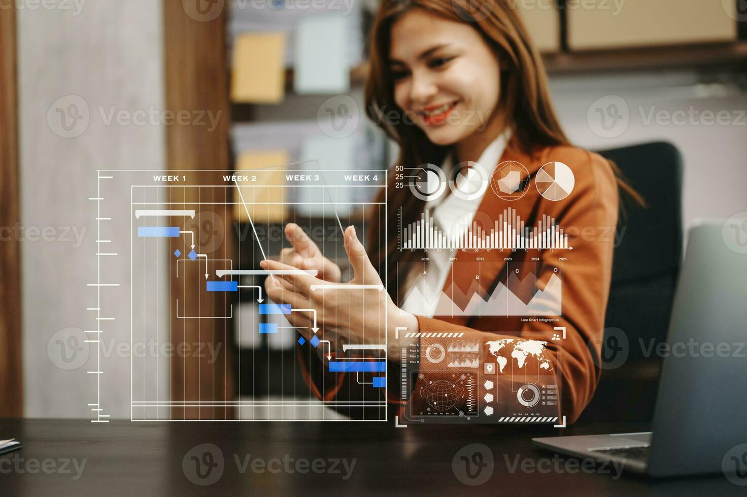 Businessman hand Project manager working and update tasks and Gantt chart scheduling virtual diagram.with smart phone, tablet and laptop in office. photo