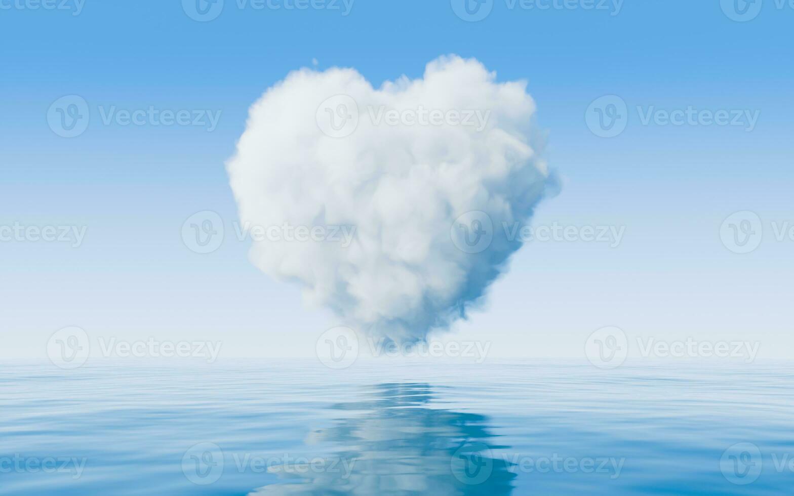 Heart shape soft cloud with water surface, 3d rendering. photo