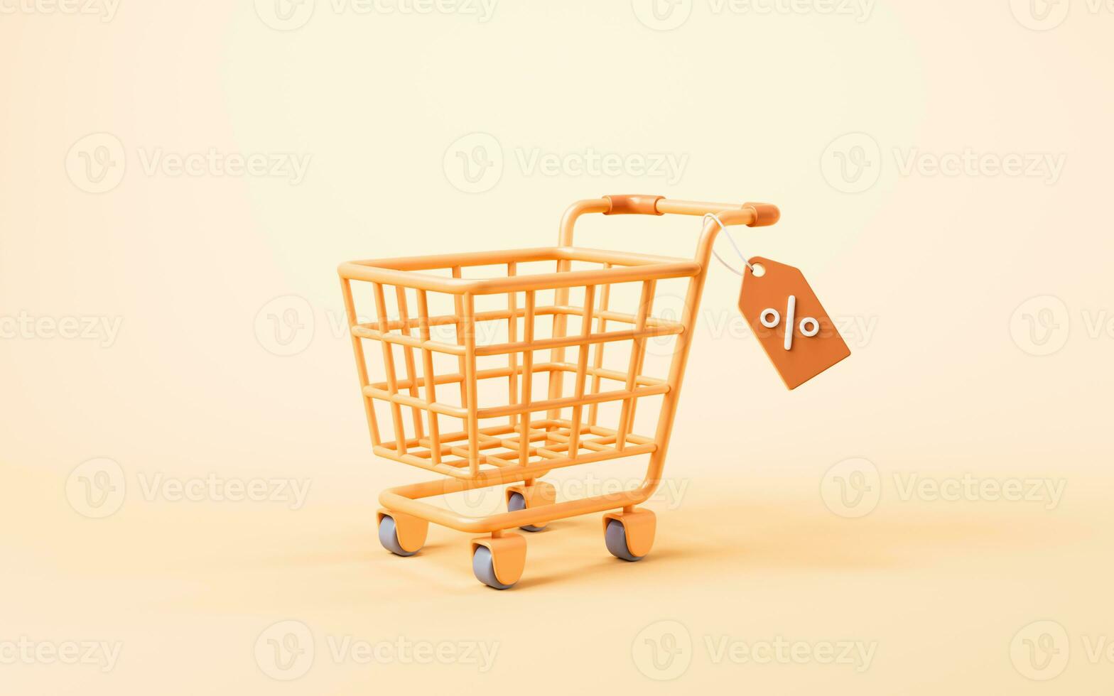 dibujos animados compras carro con compras tema, 3d representación. foto