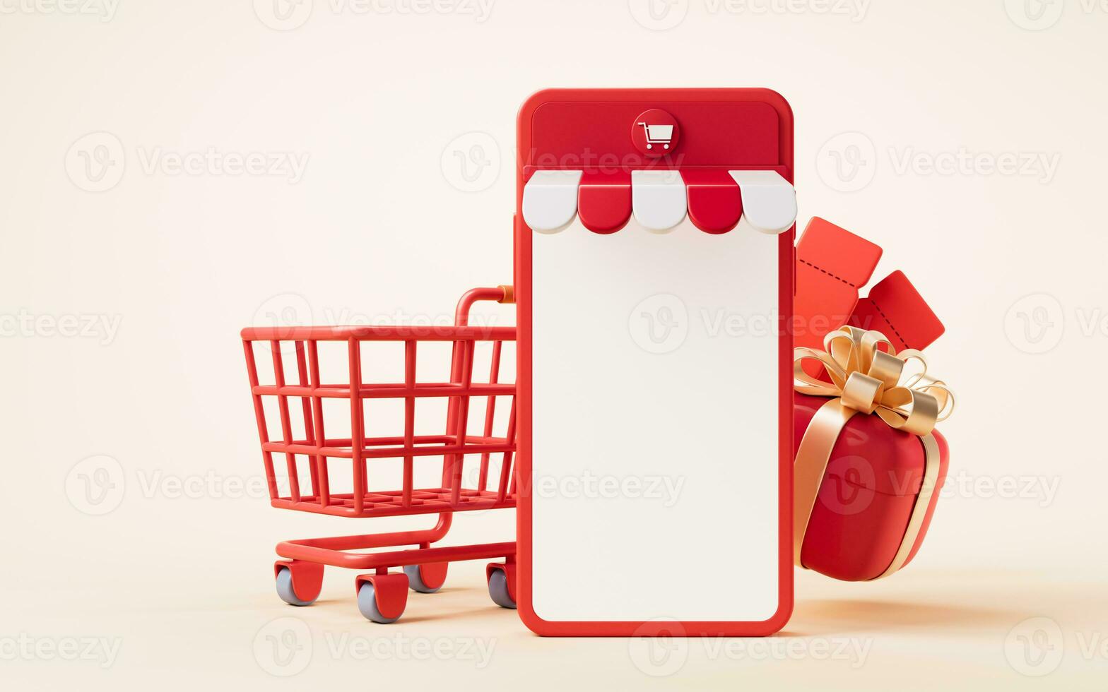 Online market store with cartoon style, 3d rendering. photo
