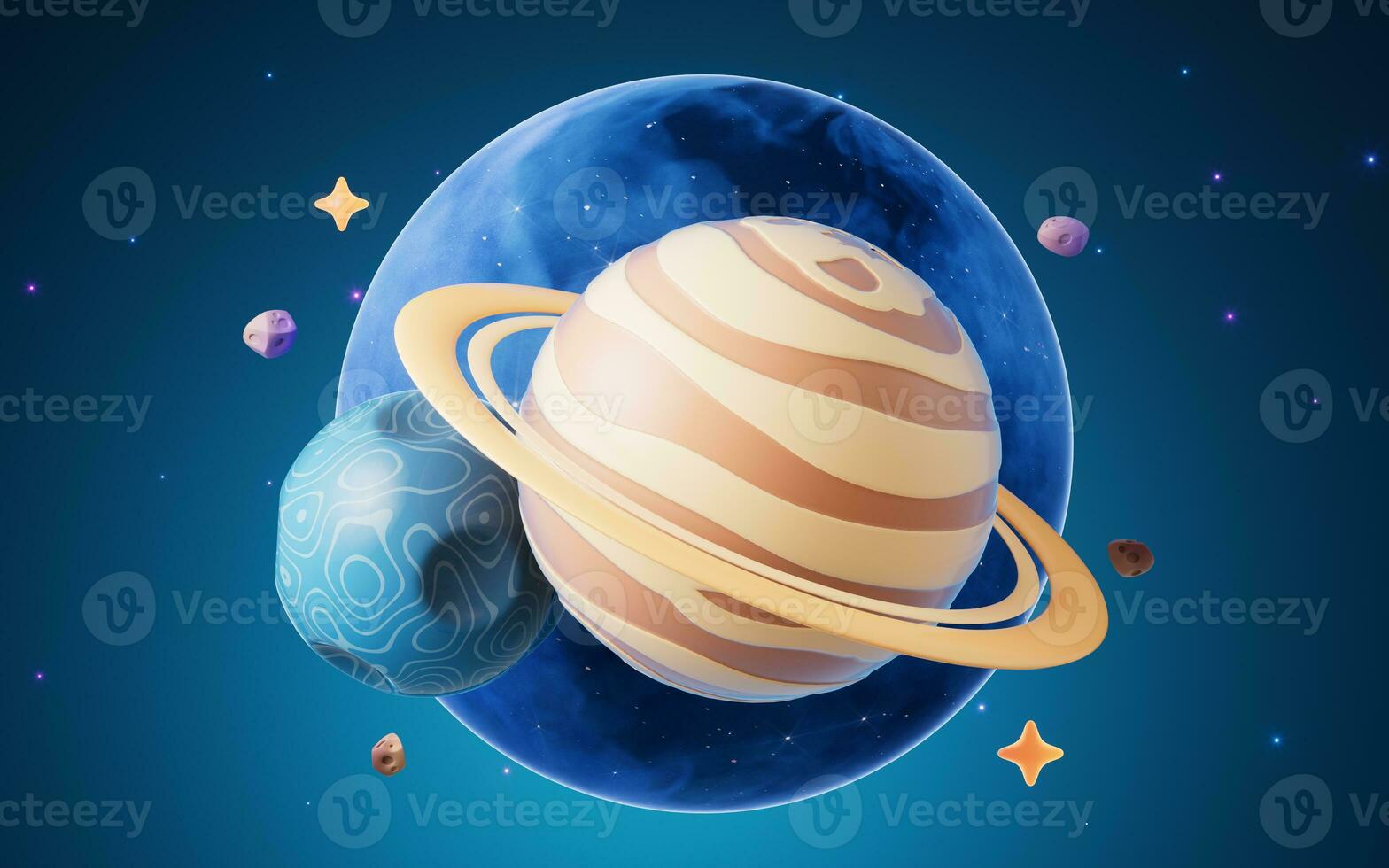 Cartoon style planet in the outer space, 3d rendering. photo