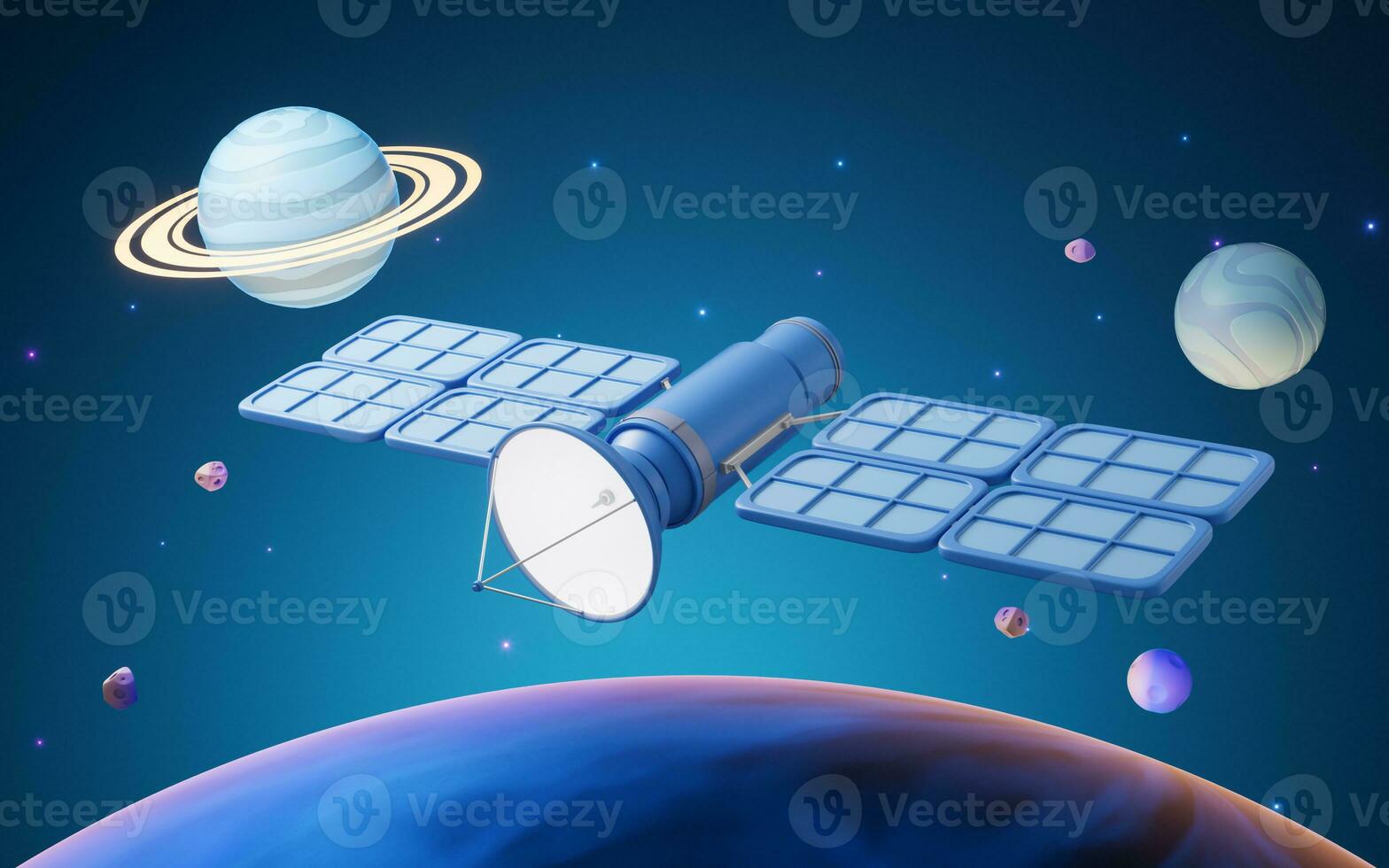 Satellite in outer space with cartoon style, 3d rendering. photo
