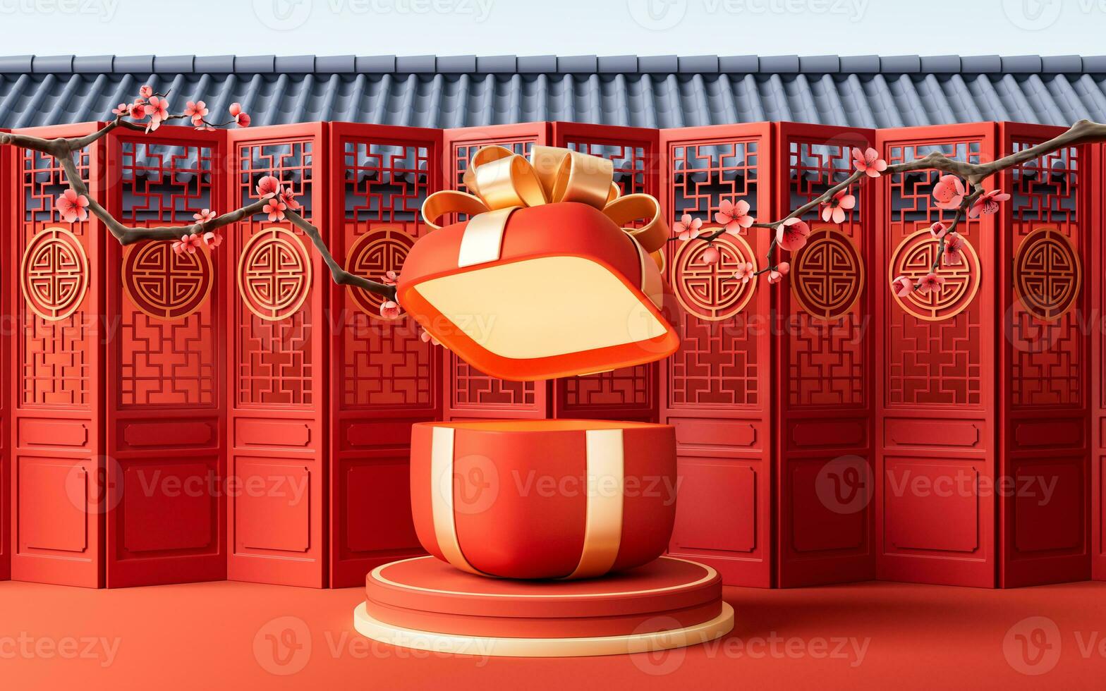 Gift box with Chinese ancient background, 3d rendering. photo