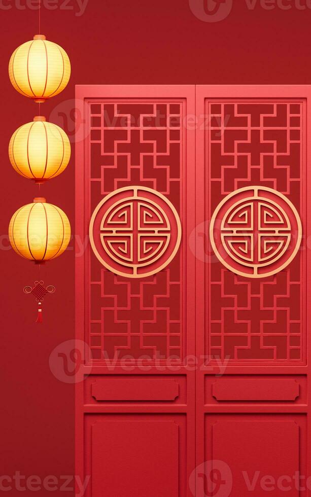 Ancient Chinese door with glow lanterns, 3d rendering. photo