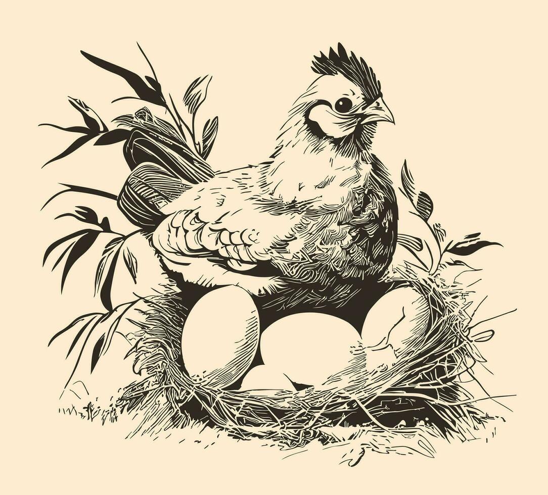 Hen laying eggs in the nest retro sketch hand drawn in doodle style Vector illustration