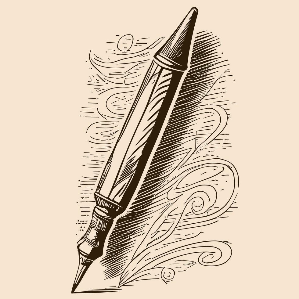 Vintage pen with decor, hand drawn sketch Vector illustration