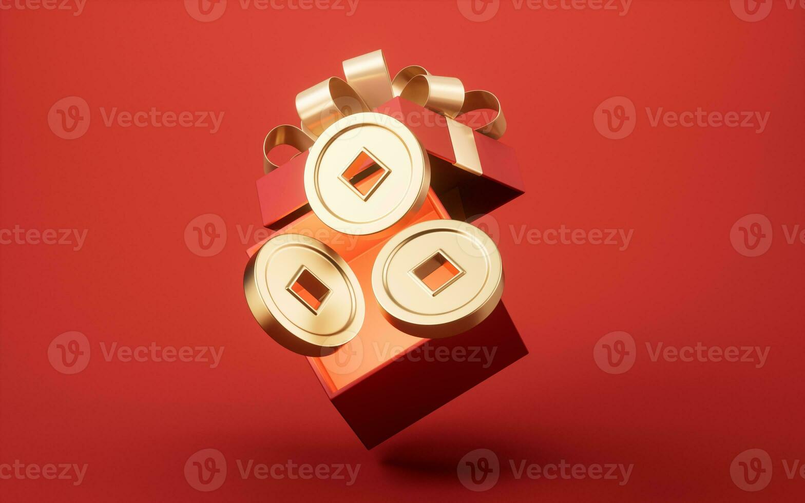 Opening gift box and golden coins, 3d rendering. photo