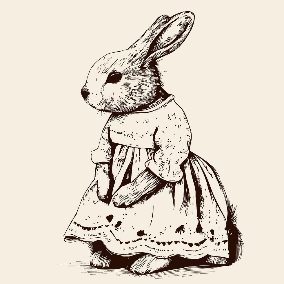 Rabbit in vintage dress sketch hand drawn in doodle style Vector illustration