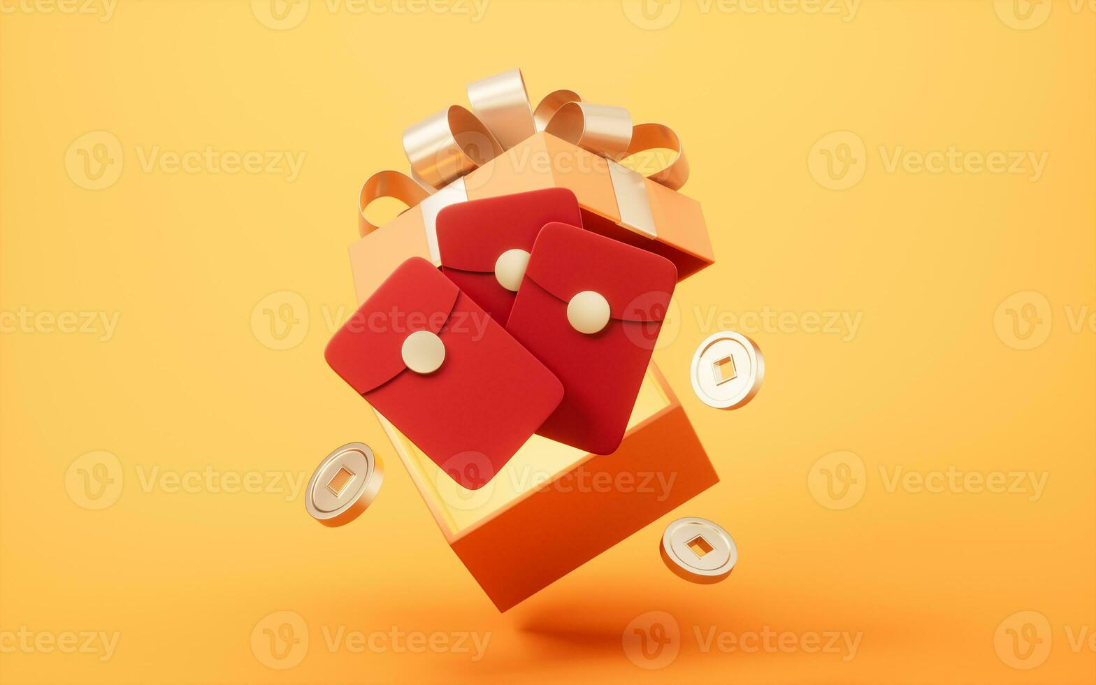 Opening gift box with Chinese lucky packet, 3d rendering. photo