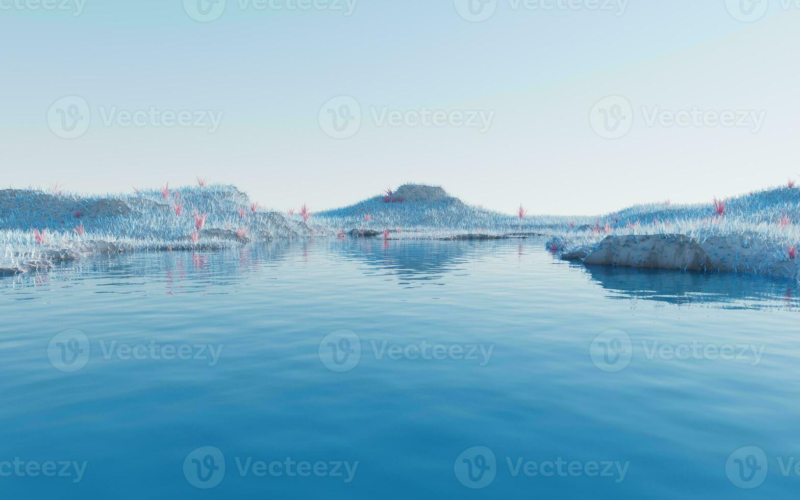 Blue grassland with lakes, 3d rendering. photo