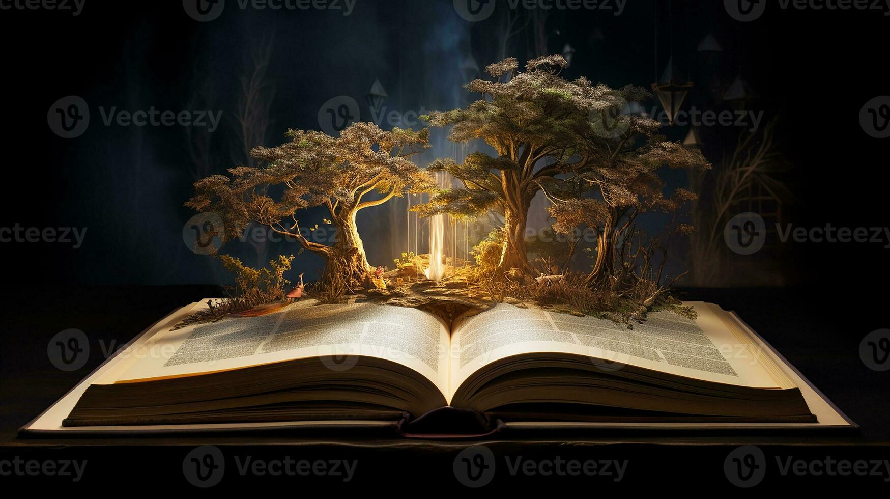 místico bosque. abrió libro con magia árbol en oscuro antecedentes. generativo ai foto