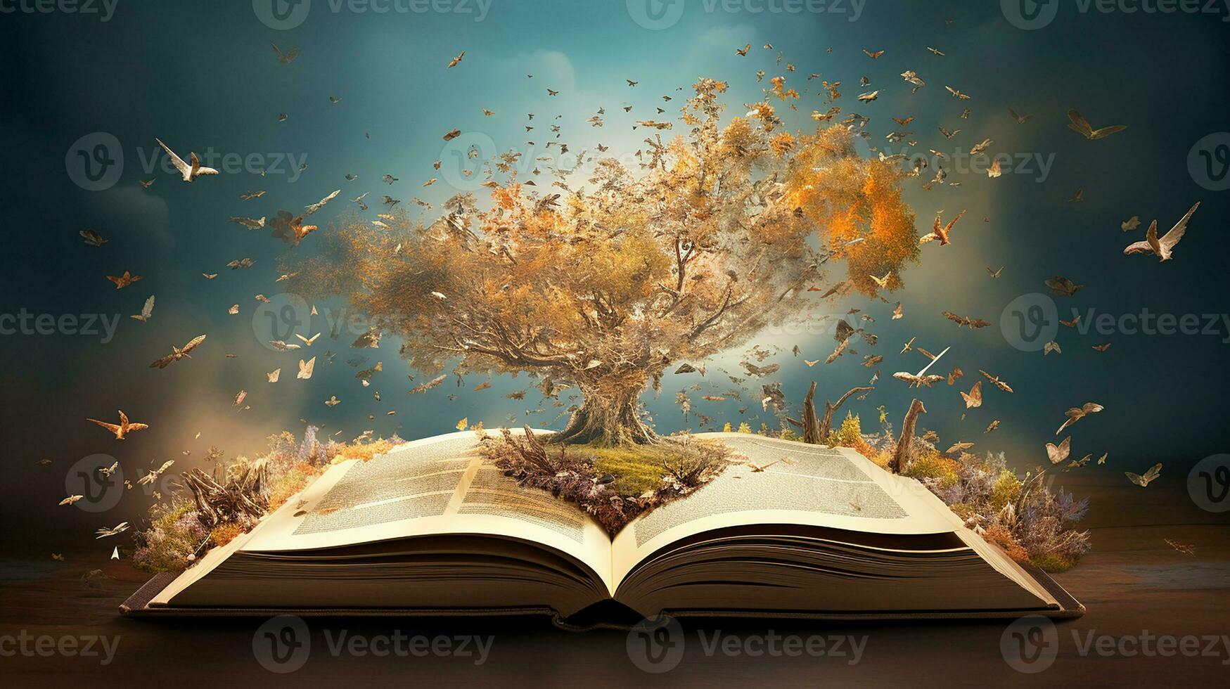 Mystical forest. Opened book with magic tree on dark background. Generative AI photo