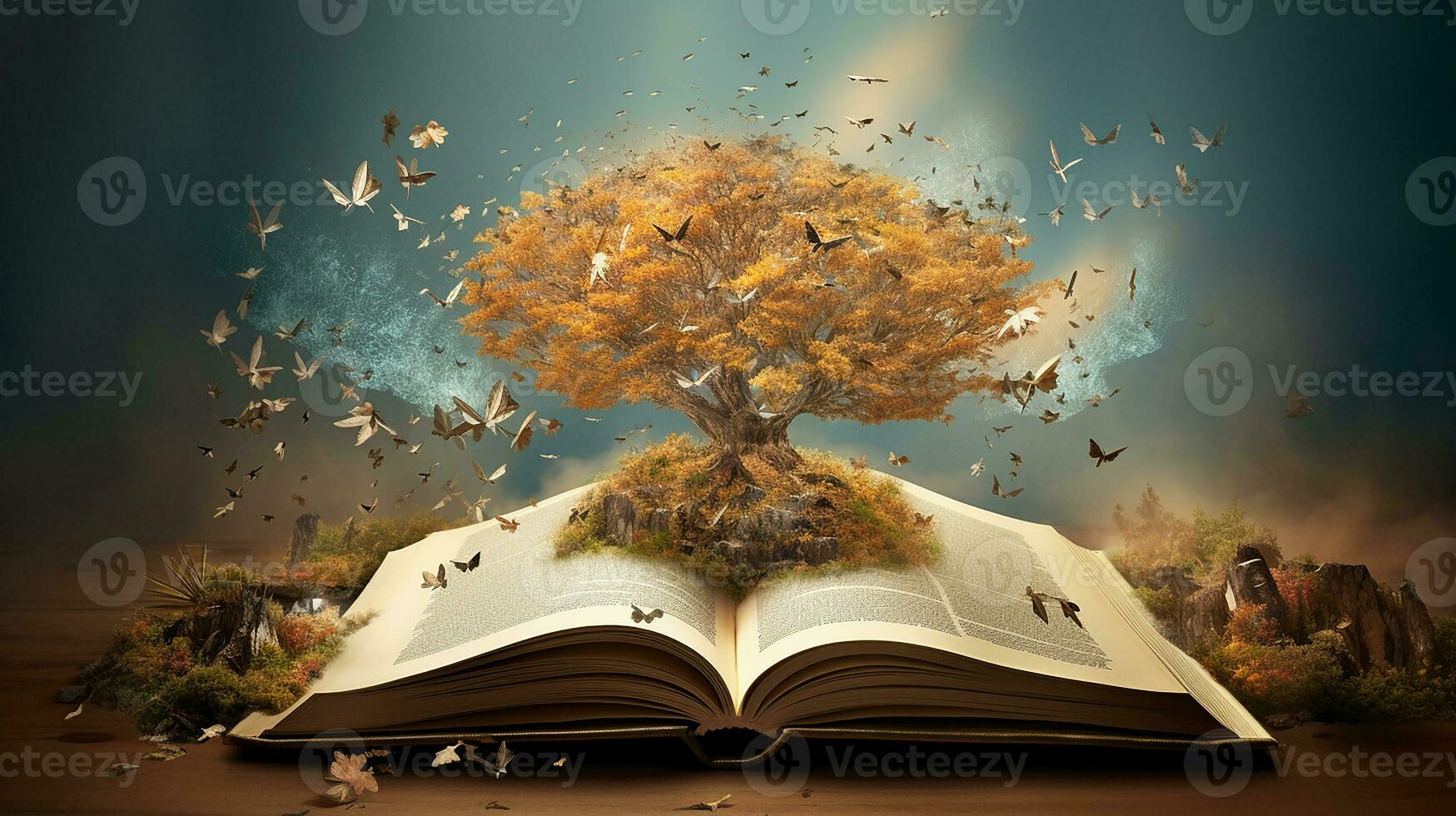 Mystical forest. Opened book with magic tree on dark background. Generative AI photo