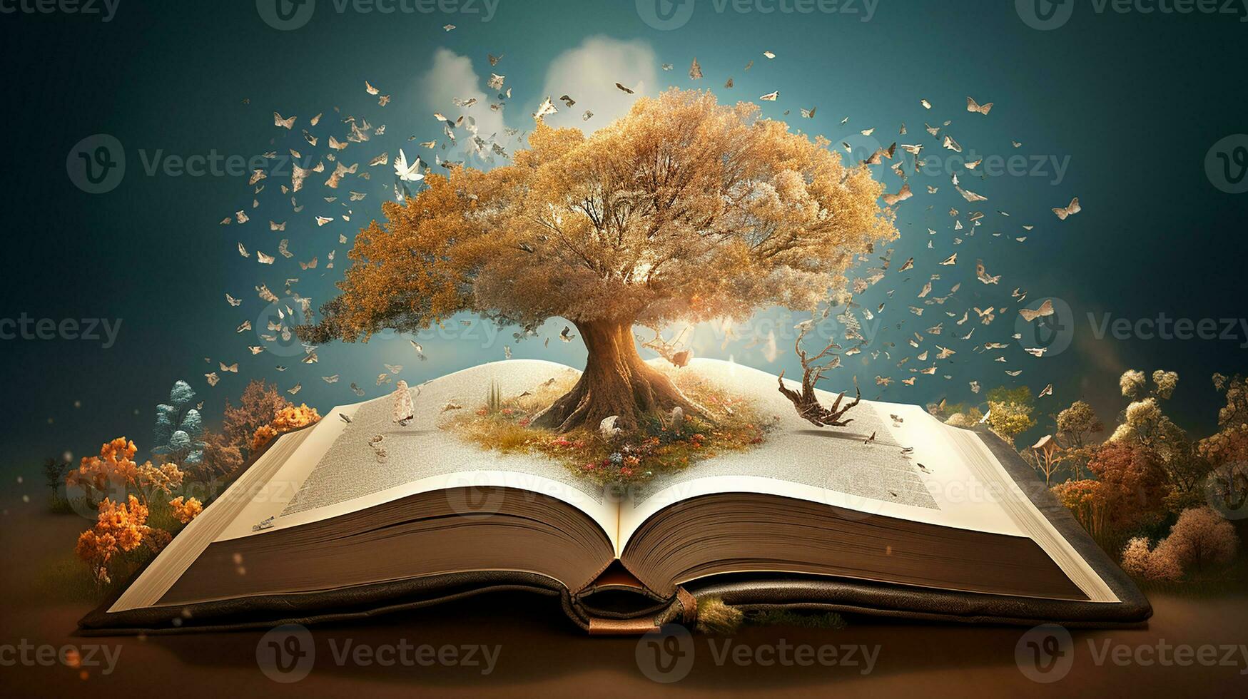 Mystical forest. Opened book with magic tree on dark background. Generative AI photo