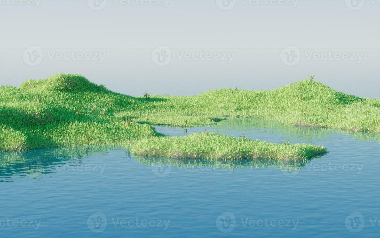 Green grassland with lakes, 3d rendering. photo