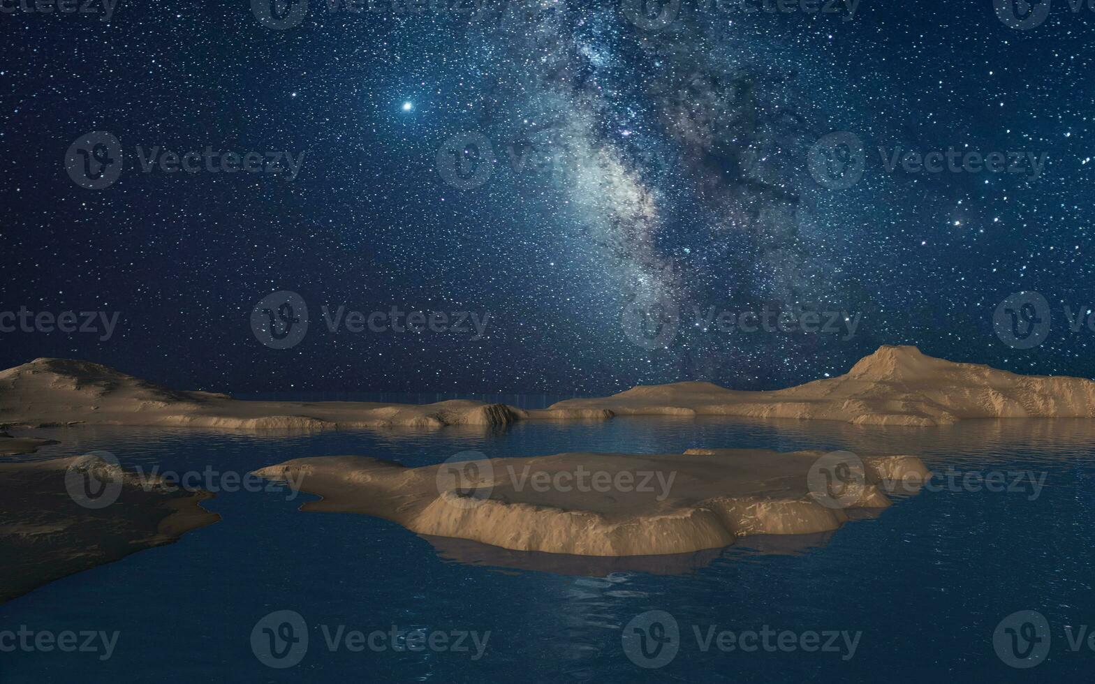 Soil land and lake with milky way at night, 3d rendering. photo
