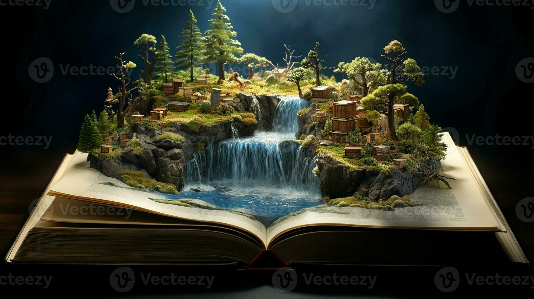 Fantasy landscape with a waterfall in the open book on dark background. Generative AI photo