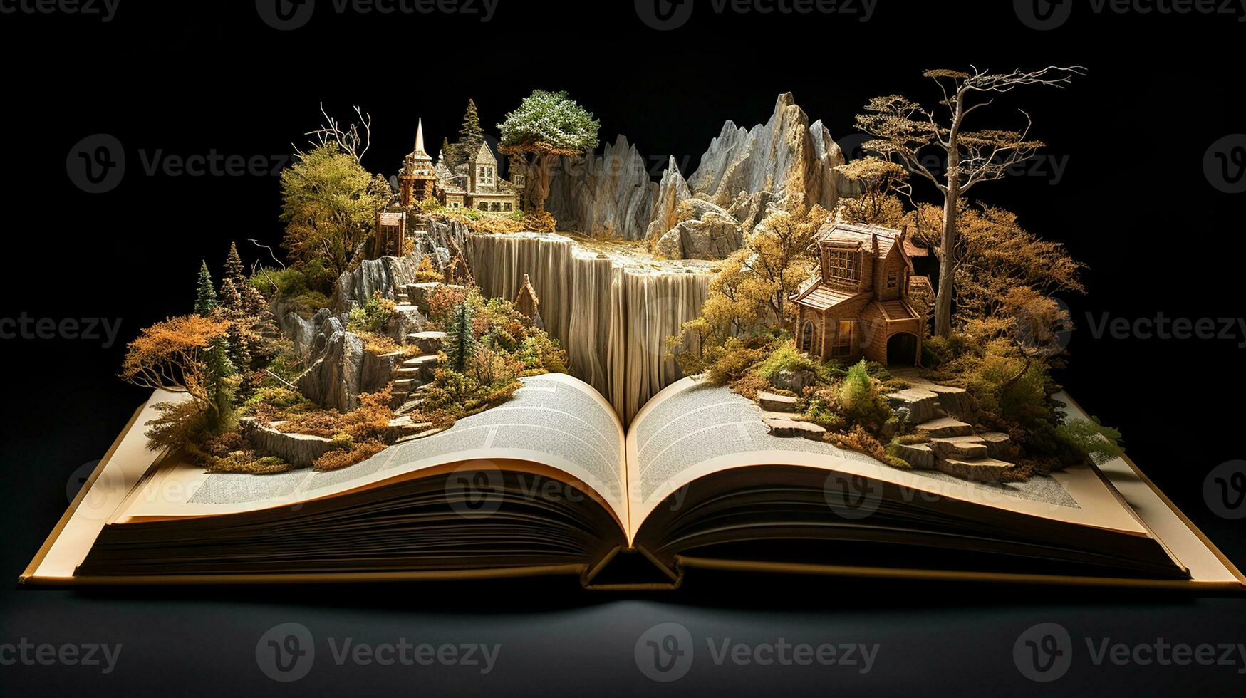 Fantasy landscape with a waterfall in the open book on dark background. Generative AI photo