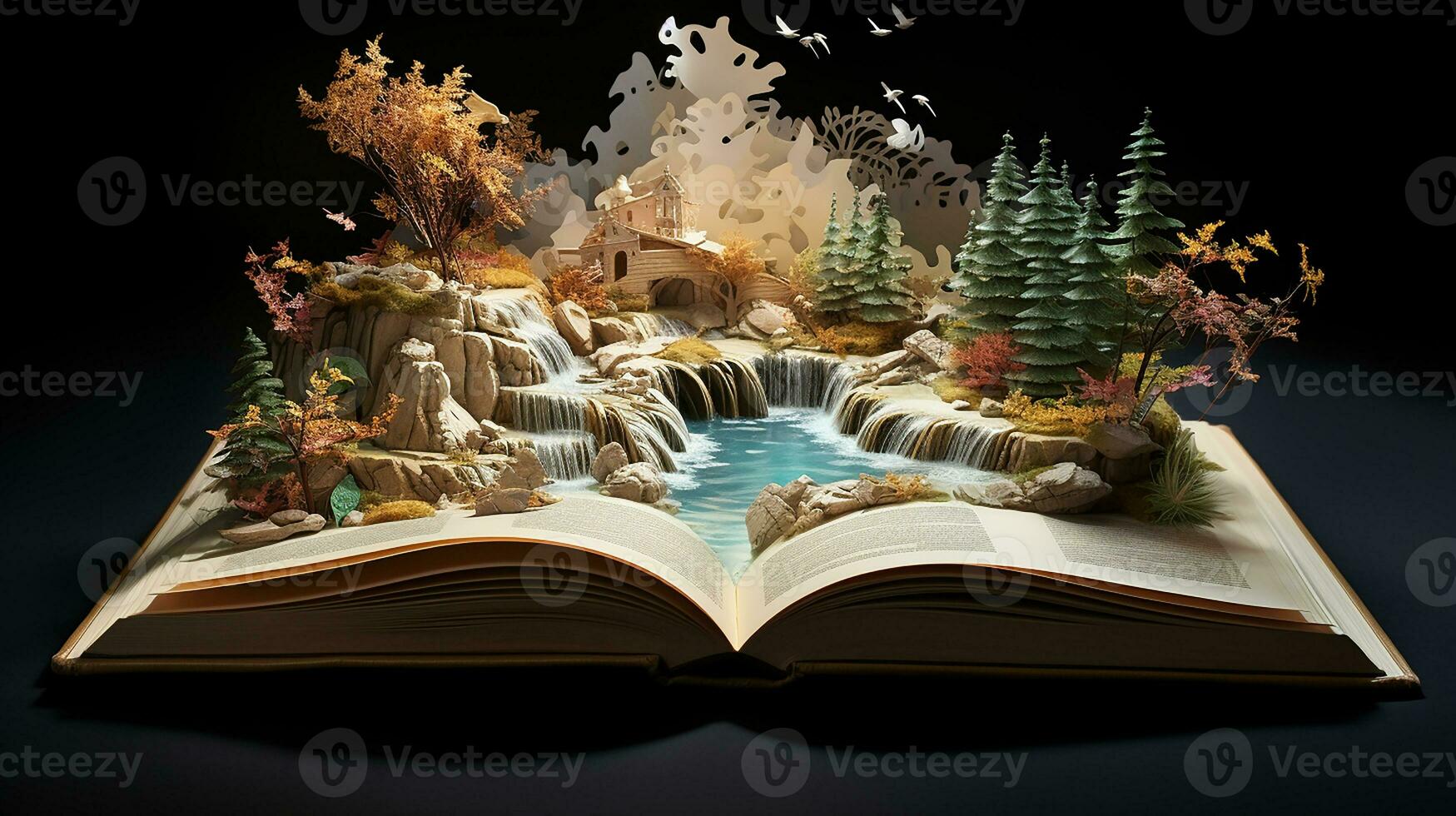 Fantasy landscape with a waterfall in the open book on dark background. Generative AI photo
