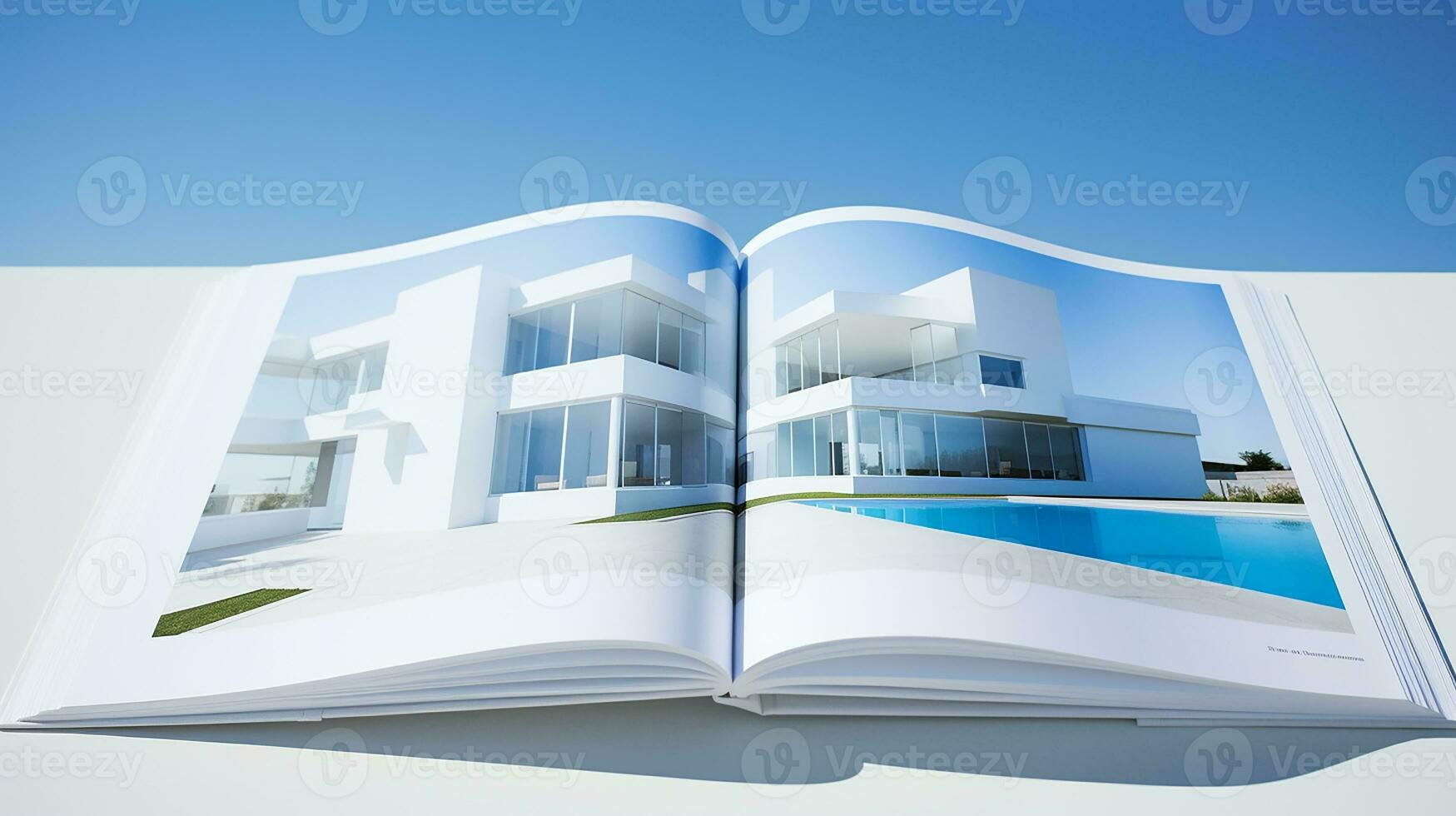 Open magazine with modern and minimalist building and blue sky. 3d rendering. photo