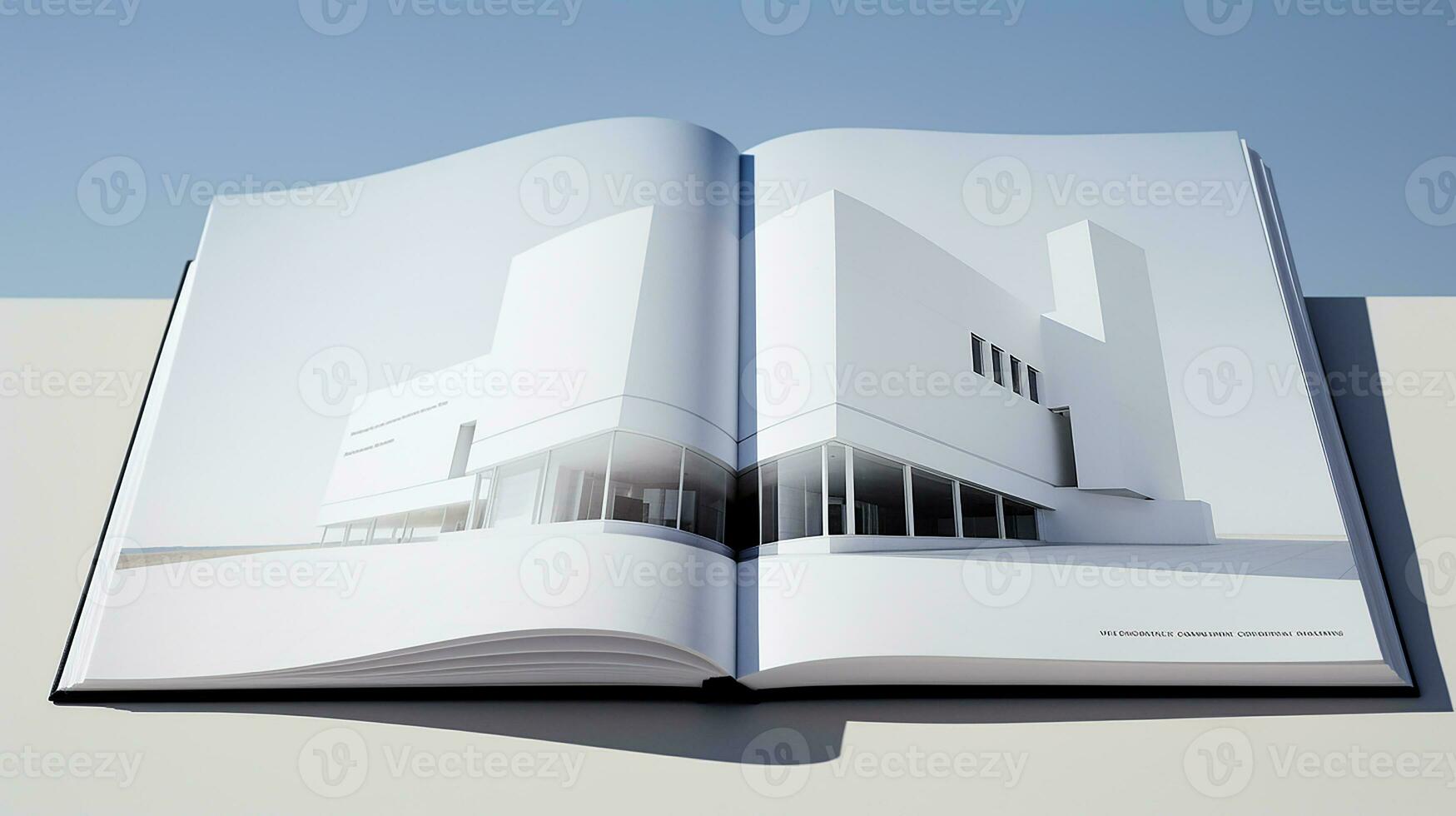 Open magazine with modern and minimalist building and blue sky. 3d rendering. photo