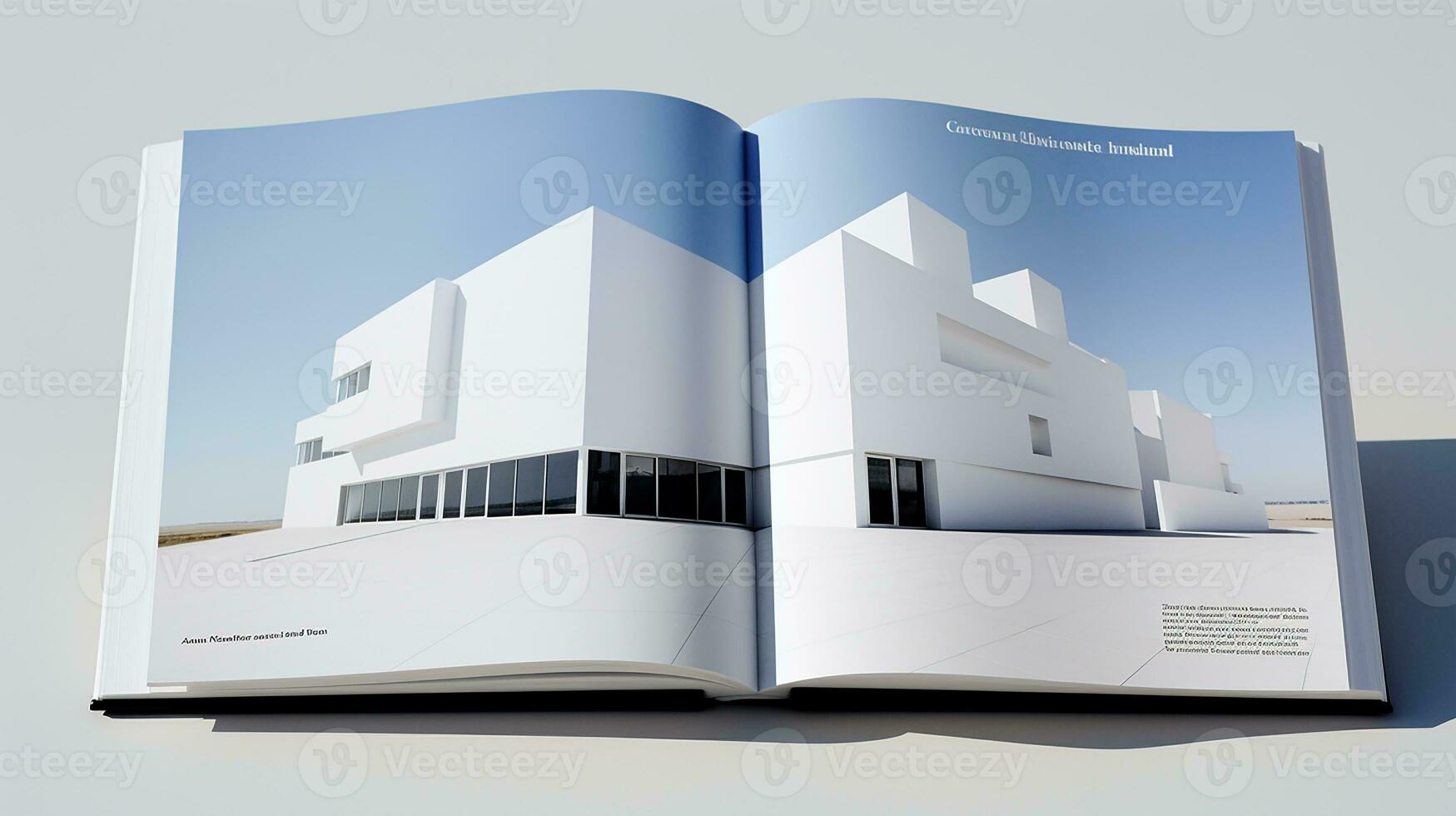 Open magazine with modern and minimalist building and blue sky. 3d rendering. photo