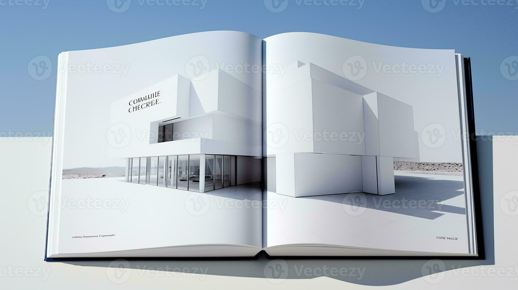 Open magazine with modern and minimalist building and blue sky. 3d rendering. photo